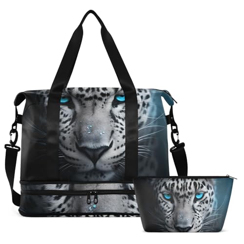 ALAZA Sports Duffel Bags with Toiletry Bag Set,Abstract Leopard with Blue Eyes Travel Duffel Bags Multi Pockets Weekend Bag
