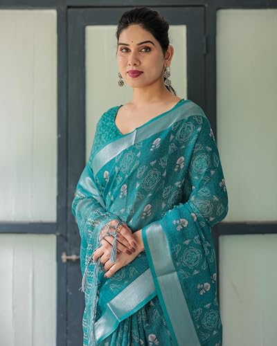 Image of Kaugalian store Linen Cotton Floral Printed Saree for Women with Unstitched Blouse Piece | 5.5 M Saree & 0.8 M Blouse