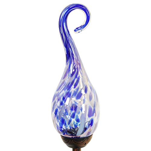 Exhart Garden Solar Lights, Decorative LED Flame Garden Stake, Hand Blown Glass and Metal Outdoor Decoration, Spiral Blue, 3 x 36 Inch