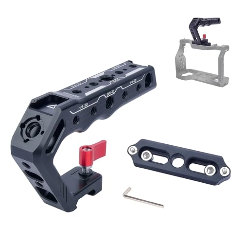 Mechrig Top Handle with Slider & NATO Rail for Camera Cage - Lightweight Aluminum Grip with 1/4", 3/8" Threads, Cold Shoe Mount, and Arri Locating Pin for DSLR Cameras (62024)
