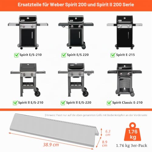 QuliMetal Aromaschienen aus Edelstahl für Weber Spirit 200 und Spirit II 200 Serie, 38,9 cm, Flavorizer Bars passend für E210 E220 S210 S215 mit Frontbedienung, Ersatz für Weber 7635