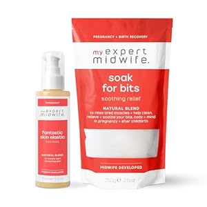 My Expert Midwife Super Scrub Duo-Pregnancy & Postpartum Gentle Body Exfoliator to Relieve & Recharge, Combine Benefits of Soak for Bits Epsom Bath Salts & Fantastic Skin Elastic Body Serum 750g/150ml
