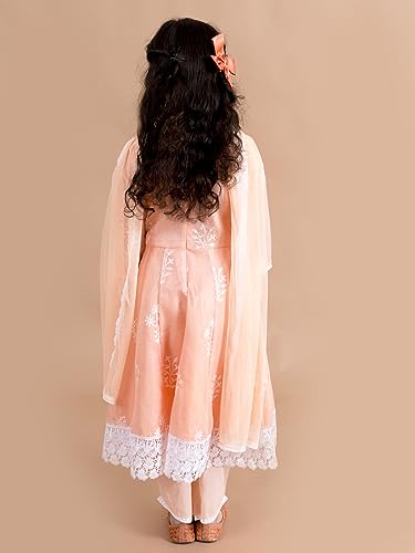 Image of Pspeaches Girls Peach-Coloured Floral Printed Angrakha Pure Cotton Kurta With Trousers With Dupatta (Orange-7-8Y)