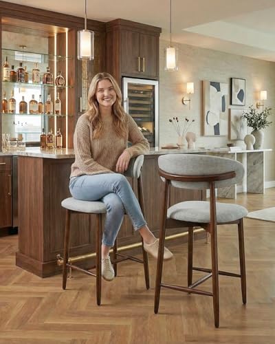 Image of Bar Stools Set of 1, 25.6″ Counter Height Bar Stools with Wood Legs, Upholstered Modern Kitchen Barstools for Kitchen Island Dining Room Bar, Light Grey