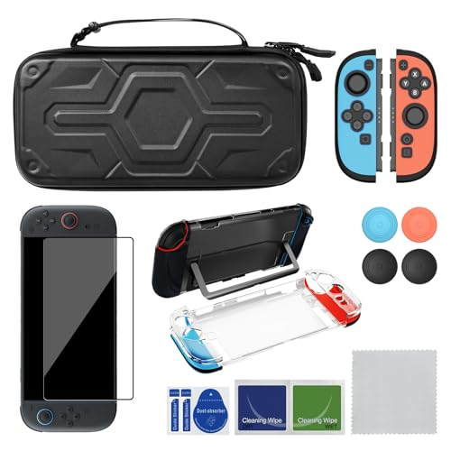 AKNES Switch 2 Accessories Bundle Kit, Carrying Case for Nintendo Switch 2 (2025), Clear Slim Dockable Protective Case, Silicone and PC JoyCon Case Cover, Glass Screen Protectors, Thumb Grip Caps by AKNES - Used condition - US$18.53