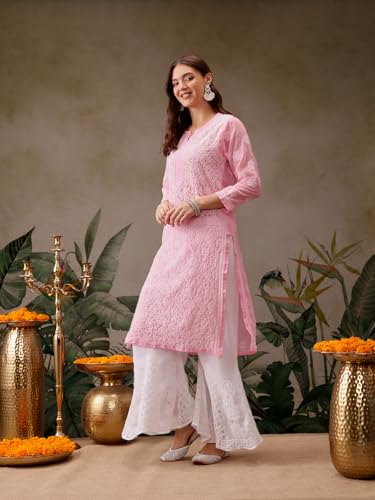 Image of Ada Hand Embroidered Chikankari Pink Georgette Kurta for Women A95581 (XS) | Handmade Lucknowi Chikan Embriodery ethnic kurti office work casual Straight Women's faux handcrafted Tunic