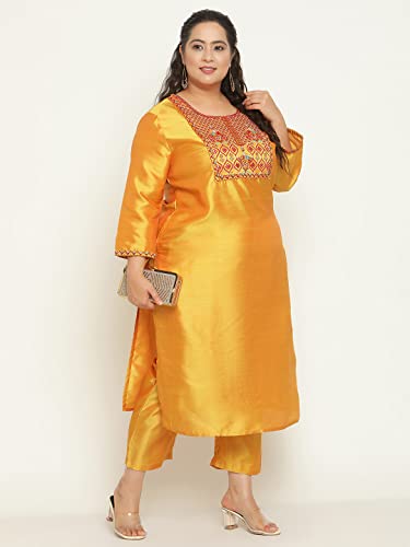 Image of Sringam Mustard Solid Plus Size Embroidered Kurta with Trouser /Bottom