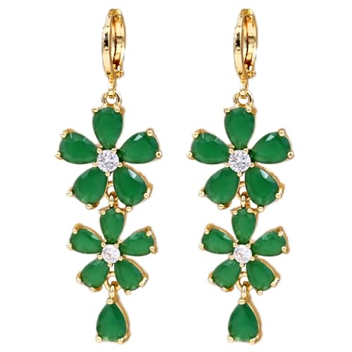 Vuskdtei 18K Gold Plated Green Jade Sunflower Flower Floral Long Dangle Earrings for Women, Hypoallergenic Teardrop Cubic Zirconia Earrings, , Elegant CZ Drop Earrings, Wedding Bride Teacher Jewelry Gifts Fashion (7098-Flower-Green) by Vuskdtei - Used condition - US$7.12