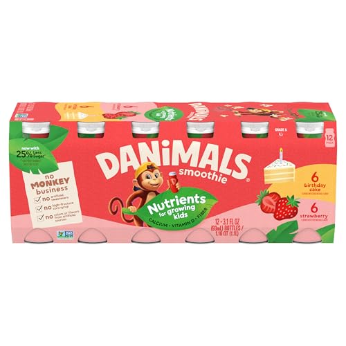 Danimals Smoothie Strawberry Explosion and Birthday Cake Dairy Drink Multi-Pack, Easy Snacks for Kids, 12 Ct, 3.1 OZ Smoothie Bottles