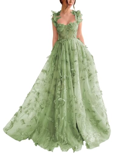 Generic Damen-Ballkleid Aus Tüll Langes Ballkleid Mit Spitzenapplikation 3D-A-Linie Schmetterling Formelles Abend-Partykleid Mit Schlitz Sage Green M