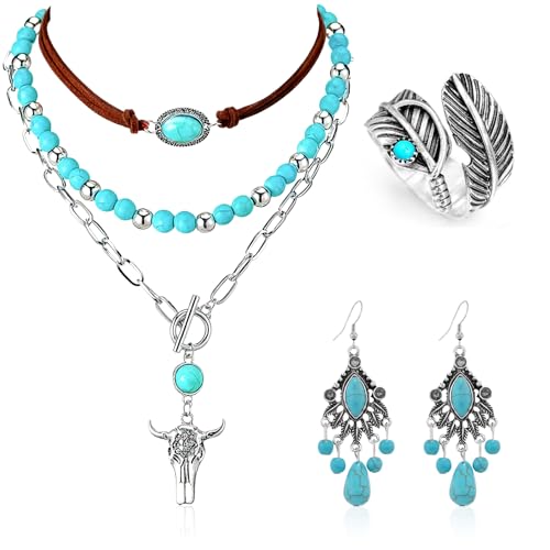 AHEJIOO Western Outfit Damen, Cowgirl Outfit Damen 3-Teiliges Set Mit Türkis Schmuck, Vintage Accessoires Für Retro-Partys, Hippie-Events, Cosplay...
