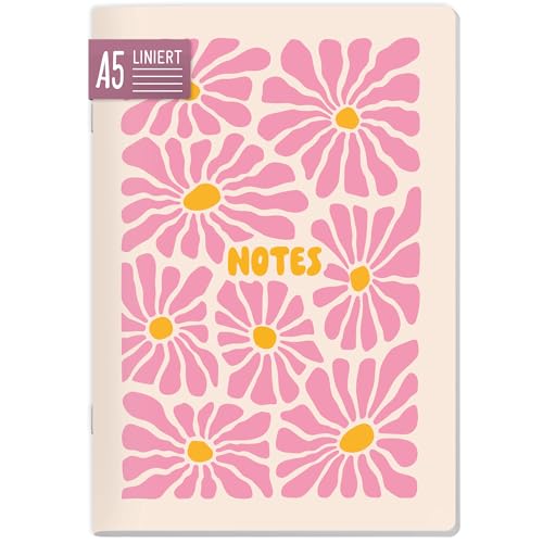 paper&you® Notizheft A5 liniert 64 Seiten, 90g/m² Premium-Papier, Notizbuch mit Softcover „Pink Flowers“ für Schule, Büro & unterwegs – nachhaltig & klimafreundlich