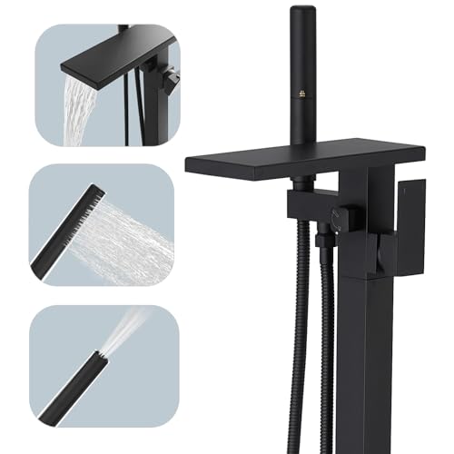 Hoimpro Tub Filler Freestanding Bathtub Faucet Matte Black Floor Mount Tub Faucet Waterfall Free Standing Bathtub Filler High Flow Brass Bath Shower Faucets with Handheld Sprayer by Hoimpro - Used condition - US$114.65