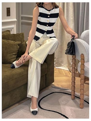 MakeMeChic Women's Striped Vest Button Down Colorblock Split Sleeveless Business Top4