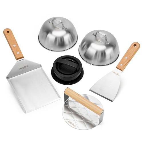 Onlyfire Kit di Accessori Professionali per Barbecue, 2 Coperchio per Hamburger/Spatola/Pressa per Carne/Raschietto e Pressa per Hamburger, Accessori per Grigliate Strumenti per Piastra, Teppanyaki