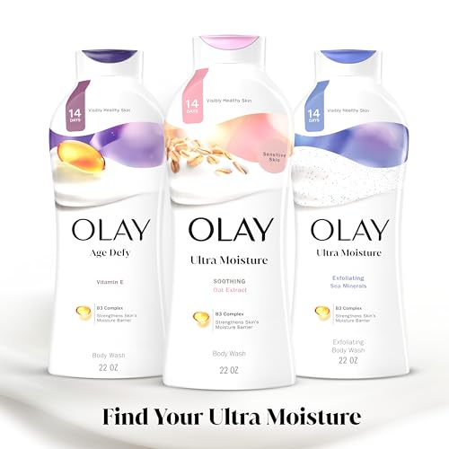 Image of Olay Body Wash for Women,Ultra Moisture,For Sensitive Skin,Soothing Formula,24hr Moisturizing,Hydrating&Refreshing,B3 Vitamin Complex,Free of Parabens&Phthalates,Oat Extract Scent,22 fl oz,(Pack of 2)
