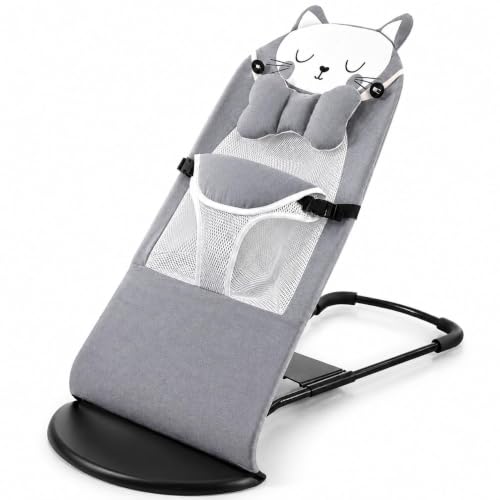 Image of Bouncer Balance Chair, Soothing Rocker Recliner Seat with Breathable Mesh and Cartoon Cat Pillow.