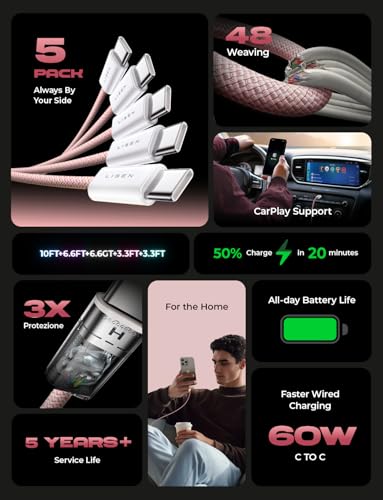 Image of LISEN USB C to USB C Cable, 5-Pack [3.3 /3.3 /6.6 /6.6 /10FT] Pink for iPhone 17 Charger Cord, 60W C to C Cable Fast Charging for iPad, iPhone 17 Air 16 15 Pro Max, Samsung Z Flip 7 /S25 /S24