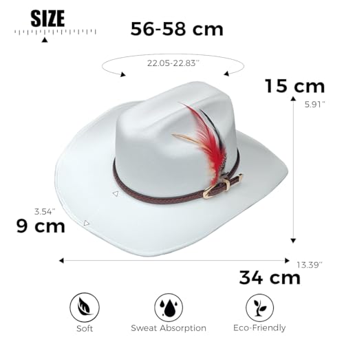 Image of Western Cowboy Cap for Men Women, Woolen Wide Brim Cowgirl Cap Belt Buckle Fedora Hat with Feather