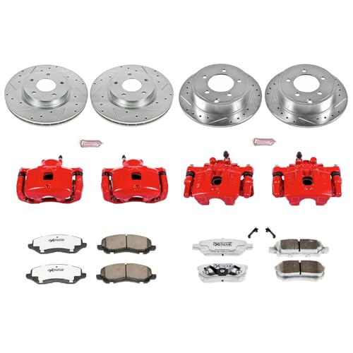 Image of PowerStop Front and Rear Brake Kit for Chrysler 200 2011-14 |Sebring 2007-10 - Drilled & Slotted Disc Rotors + Carbon-Fiber Ceramic Brake Pads + Red-Powder Coated Calipers, KC2840-26