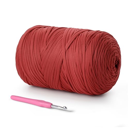 Image of (800g /228yds) T Shirt Yarn, Soft Tshirt Yarn for Crafts and DIY Knitting Crocheting Cloth /Bag /Basket /Coaster, 100% Polyeste Elastic Fabric Chunky Thick Yarns for Crocheting (Ruby)