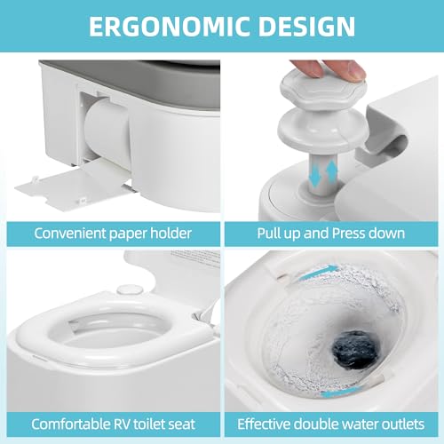 Image of YITAMOTOR Portable Toilet Camping Porta Potty with Paper Collection 6.34 Gallon, Indoor Outdoor RV Toilet with Handle Pump, Leak-Proof OutdoorToilet for RV Travel, Boat, Trips, White
