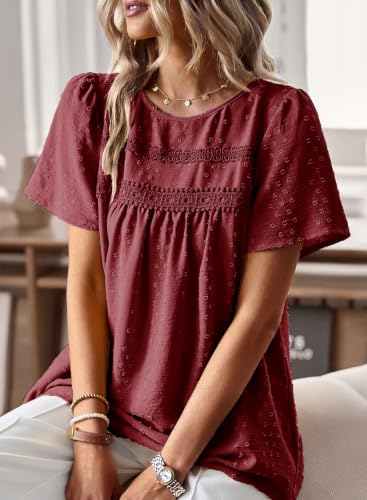 Image of Falechay Womens Summer Tops Flowy Boho Shirts Dressy Casual Short Sleeve | Crewneck Loose Fit Blouses, Hide Belly Fat, Lace Hem Ladies Tunic, Babydoll Crochet Clothes, Swiss Dot, Work, Vintage, XS-6XL