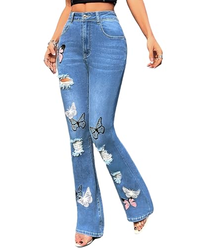 Women's Ripped Butterfly Print Flare Bell Bottom Jeans High Waisted Relaxed Wide Leg Denim Pants3
