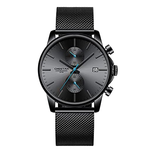Montres pour Homme Mode Sport Quartz Analogique Noir Maille Acier Inoxydable Étanche Chronographe Montre-Bracelet Auto Date en - Bleu Noir