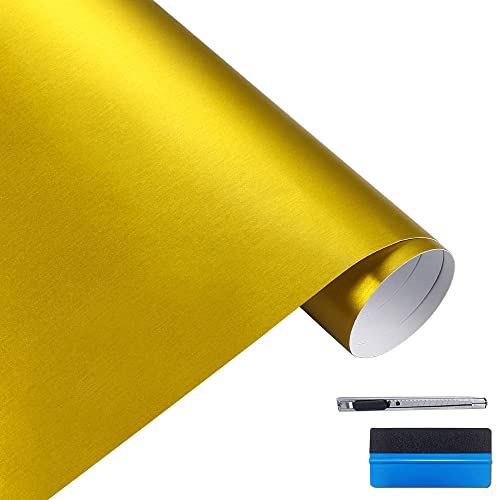 LZLRUN Brushed Metallic Steel Vinyl Wrap Roll with Air Release Technology DIY Styling Adhesive Decal Wrapping Car Accessories (Gold, 1ft x 5ft)