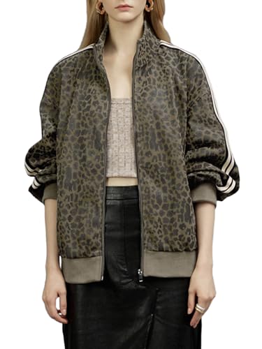 Gorwe Women Leopard Print Striped Jacket Spring Zip Up Lightweight