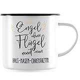 JUNIWORDS Emaille-Tasse, Engel ohne Flügel nennt man Hals-Nasen-Ohrenärztin, Schwarzer Tassenrand (5166101)