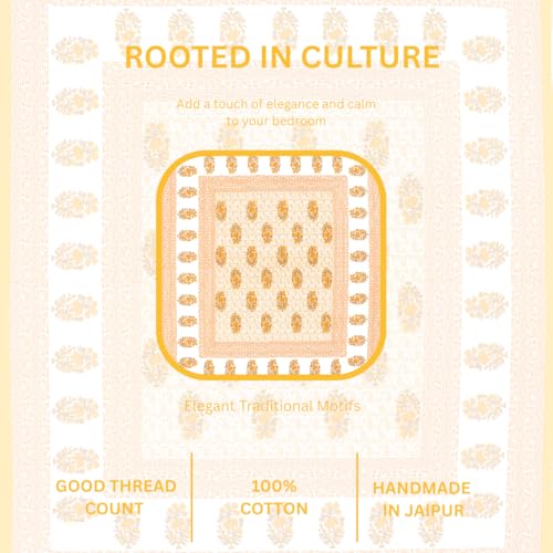 Image of JAIPUR PRINTS 100% Cotton Bedsheet for Double Size Bed bedsheets Rajasthani Jaipuri Printed Double Size Bedsheet with 2 Pillow Cover / 90x100 inch / 235x215 cm / (Light Yellow)