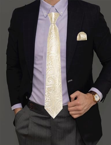 Image of DiBanGu Mens Paisley Tie Set Silk Woven Jacquard Necktie and Pocket Square Cufflinks Gift Set for Wedding Bussiness