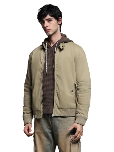 Image of Jack & Jones Men's Mock Collar Solid Cotton Casual Bomber Jacket, Standard Length