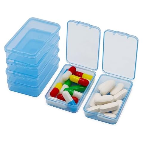 6 pcs Small Pill Box, Tiny Pill Case,Mini Clear Plastic Storage Containers Cute Travel Pill Organizer Case Portable for Pocket Purse Briefcase (Blue) Cover