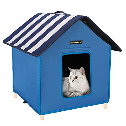 Rest-Eazzzy Cat House for Outdoor Cats, Weatherproof and Insulated Feral Cat House with Mat and Canopy, Easy to Put Together, Selfwarming Cat Shelter for Winter(13 * 13 * 14" Black with Supp