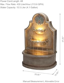 Glitzhome 37.25" H Outdoor Garden Water Fountain with LED Lights and Pump, Oversized Antique European Style 3-Tier Polyresin Cascading Floor-Standing Fountain for Porch Deck Patio Backyard Decoration