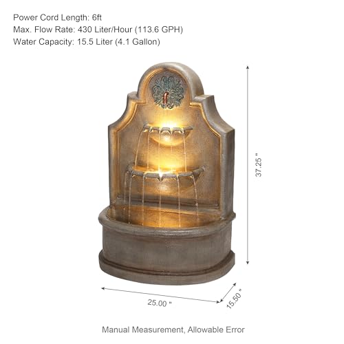 Glitzhome 37.25" H Outdoor Garden Water Fountain with LED Lights and Pump, Oversized Antique European Style 3-Tier Polyresin Cascading Floor-Standing Fountain for Porch Deck Patio Backyard Decoration