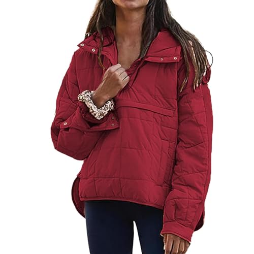 Womens Oversized Puffer Jacket Quilted Dolman Hoodies, Pullover Quilted Lightweight Jacke, Quarter Button Casual Padded Coats2