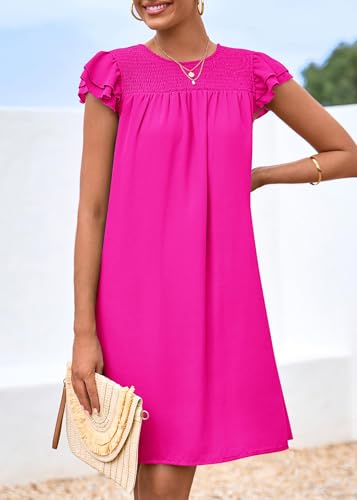 Image of KIRUNDO Wedding Guest Shift Dresses for Women Short Spring Summer Ruffle Cap Sleeve Chiffon Babydoll Flowy Mini Sundress(Bright Rose Red, Large)
