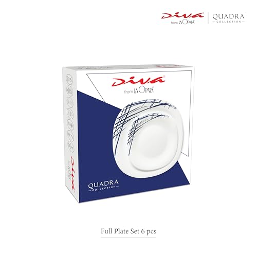 Image of La Opala Diva Quadra Collection Opal Glass Crockery | Full Plate Set of 6 Snowdrop | Square Dinner Plate for Dining & Gifting | Microwave Safe | 100% Vegetarian | Extra Strong | Light & White