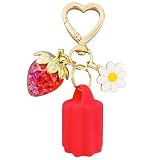 JOKOGGY Lip Balm Holder Keychain Cap with Strawberry & Flower Charms 0.5oz Cute Lip Gloss Chapstick Accessory Bag Charm for Women