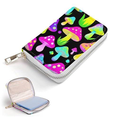 Compact Credit Card Organizer Case for Men Women, Portable Mini Card Holder Organizer with Zipper Neon Mushrooms Pattern Purple Pu Leather Wallet2