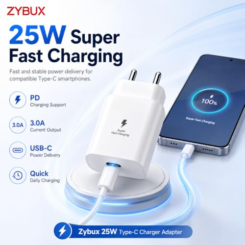Image of Zybux 25W C-Type Super-Fast Power Adapter Compatible with Samsung Galaxy Z Fold 6|5|4|Ultra|Plus|S24|S23|M17|A17|F07|M35|M36|Tab |S11|S10|S9|FE|Lite| USB-C 25Watt PD 3.0 Quick Fast Adaptor, White