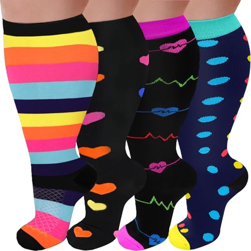 Image of 4 Pairs Plus Size Compression Socks for Women and Men 20-30 mmHg, Wide Calf Stockings Best Support for Circulation, Running