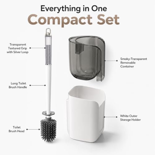 Image of Vasukie Toilet Brush and Holder Set, Wall Hanging Space Saving Toilet Scrubber with Removable Water Tray, Ergonomic Long Handle Bathroom Cleaning Kit
