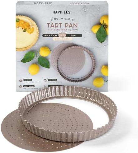 HAPPIELS Nonstick 9 Inch Tart Pan with Removable Bottom | PFOA & BPA Free Non Toxic Fluted Pie & Quiche Tin | Best Perforated Non Stick Nontoxic 9in Molds with Holes for Baking