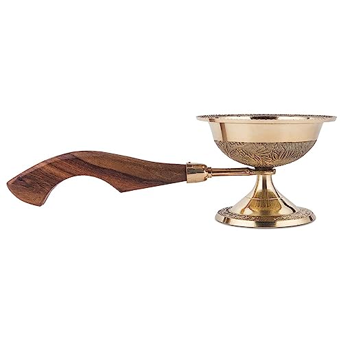 Image of Alodie - Brass Sambrani Stand & Loban Dhoop Dani Burner with Wooden Handle for Kapur - Sambrani Dhoop Holder Pooja Items for Home (Medium 9x3.5x2.8)