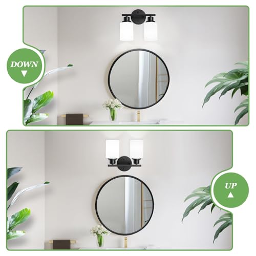 Image of 2-Light Vanity Lights, Black Bathroom Light Fixture with Striped Textured Milky White Glass Shade, Modern Vanity Lighting Fixture for Bathroom Wall Light Over Mirror, E26 Wall Sconce